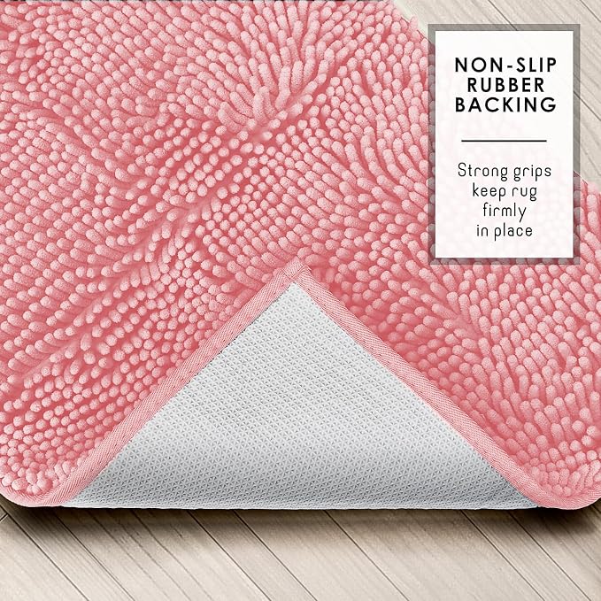Hearth & Harbor Bathroom Rugs, Chenille Bath Mat - Machine Washable Bath Mats for Bathroom Non-Slip Backing Rubber, Quick Dry Bathroom Mat, 20 x 32 - Pink