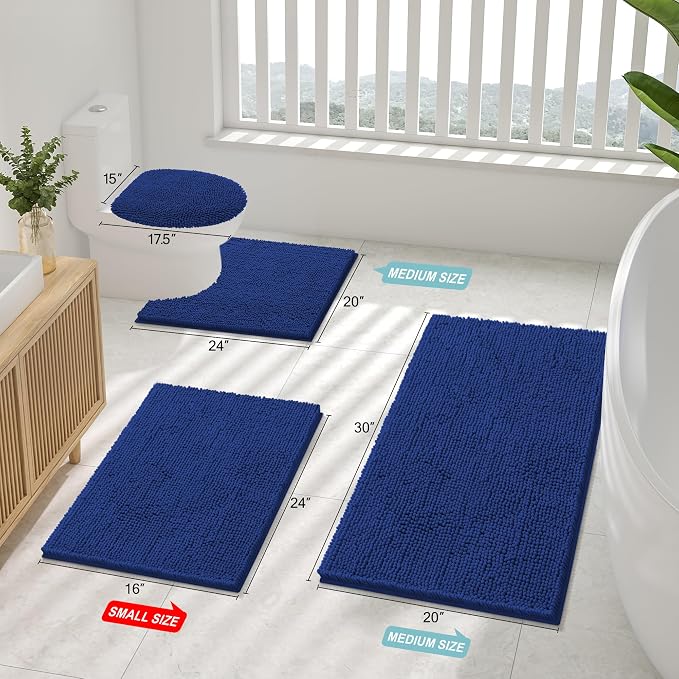 Smiry Chenille Bathroom Rugs Sets 2 Piece (30x20+24x16, Royal Blue) | Soft Absorbent Machine Washable Non Slip Shaggy Bath Rug Set for Tub, Shower, and Floor, Home Decor