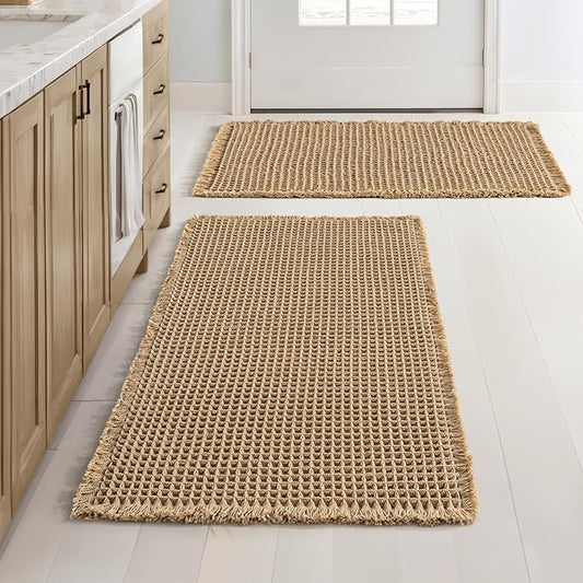 MIULEE Set of 2 Waffle Bathroom Rugs Boho Bath Mat Brown 20x32 Inch | Non Slip, Super Absorbent, Washable, Ultra Soft, Rubber Backed Bath Rugs for Bathroom Floor Tub Shower
