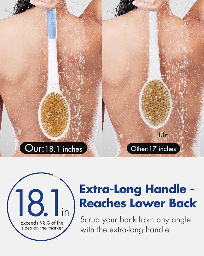 Back Scrubber Body Shower Brush: Anti Slip Long Handle Bath Brush with Stiff and Soft Bristles - Showering Exfoliator Wet or Dry Brushing for Women, Men, Elderly (Blue) (Pack of 2)