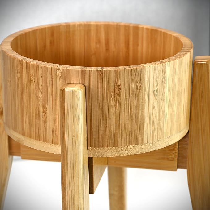 Elevated Dog Bowl for Mid-Large Breed, (12-Inch High, 64-oz) | Raised Food and Water Bowl with Stand, Flip-Resistant - Real Bamboo and Stainless Steel