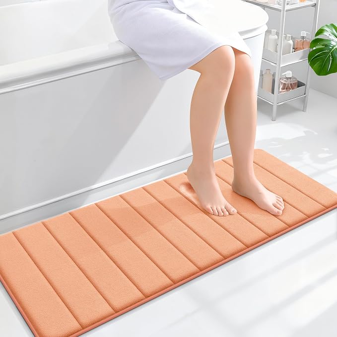 OLANLY Memory Foam Long Bathroom Rugs Runner 47x17, Super Soft Absorbent | Peach, Quick Dry Bath Mat, Machine Washable Shower Floor Rugs, Bathmat Carpet for Bathroom Floor, Tub and Shower
