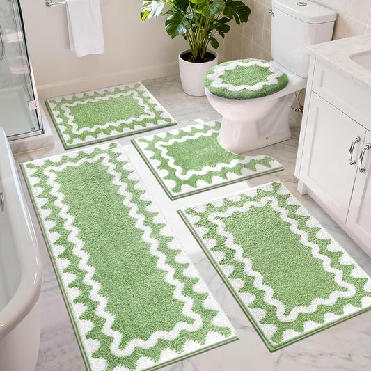 Findosom Bathroom Rugs Sets 5 Piece, Absorbent Soft Non-Slip Bath Rug Set | Washable Microfiber Shaggy Bath Mat Set with Bathroom Runner Rug, U-Shaped Toilet Rugs, Shower Rug & Toilet Lid Cover, Green