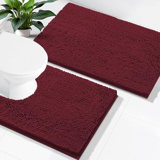 Smiry Chenille Bathroom Rugs Sets 2 Piece (24x16+ U Shape 24x20, Burgundy) | Soft Absorbent Machine Washable Non Slip Shaggy Bath Rug Set for Tub, Shower, and Floor, Home Decor