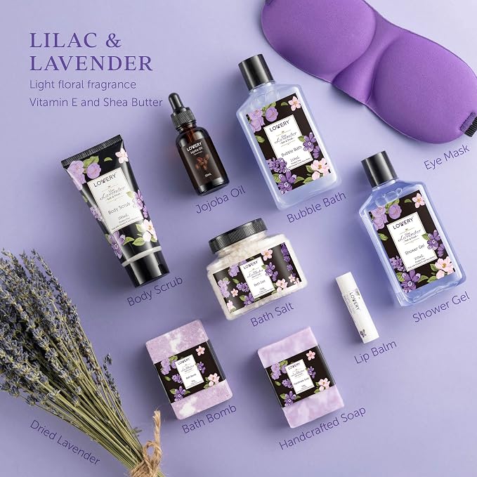 Gifts for Women, Moms, Lavender & Lilac Spa Gift Basket Set - Handmade Soap, Potpourri, Bath Bomb, Jojoba Oil, Organic Lip Balm & More - Stress Relief, Bath & Body Self Care Package