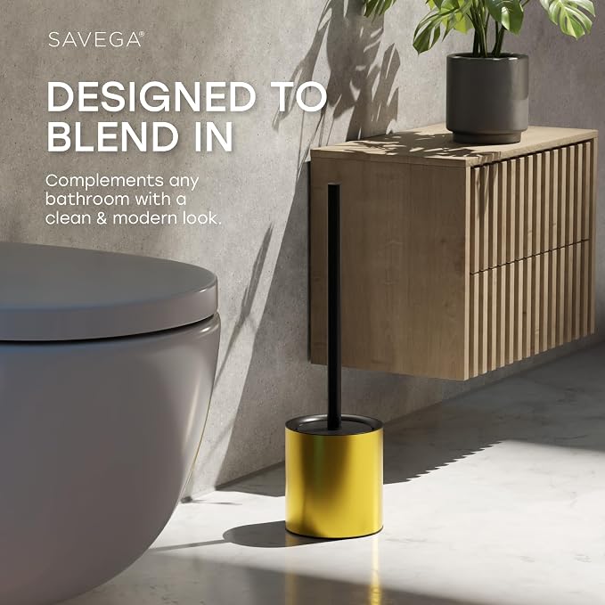 Toilet Bowl Brush with Holder and Splash Guard – Gold | Freestanding toilet bowl brush set with durable steel holder, splash guard lid, and stainless steel handle in gold