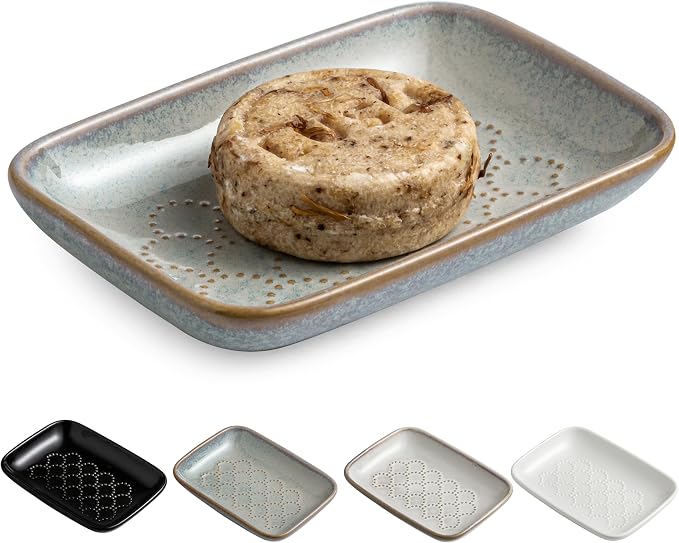 Gomakren Ceramic Soap Dish Bar Soap Holder for Bathroom Kitchen Sink, Gray | Keeps soap dry & long-lasting, raised scalloped design, non-slip base, easy to clean, versatile tray counter storage & decor