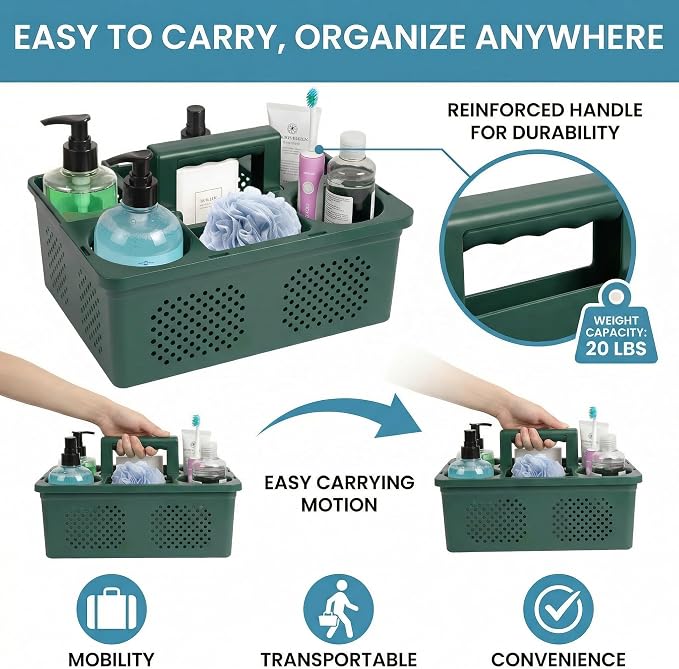 KMV Dorm Room Portable Shower Caddy with Adjustable Compartments - Ventilated Drainage Design with Handles, Perfect Toiletries Organizer for College Dorms-green