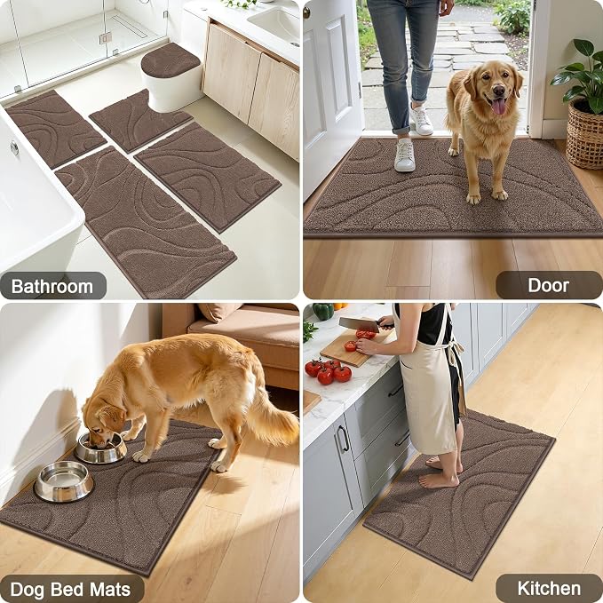 HEBE Bathroom Rugs Sets 5 Piece, Non Slip Washable Absorbent Bath Mat Set | Super Soft Plush Microfiber Bathroom Mats with Runner Set, Solid Bathmat with U-Shaped Toilet Rug Cover Set for Tub, Shower