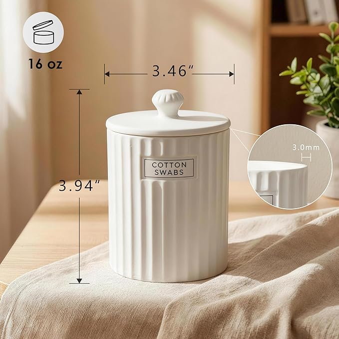 Ronasip White Ceramic Bathroom Organizer and Storage Jars with Lid, 2 Pack Qtip Holder and Cotton Pad Dispenser, Apothecary Canisters for Vanity, Kitchen Countertop, Home Decor