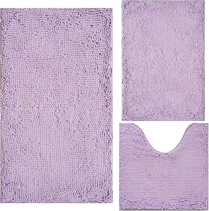 Bathroom Rugs Chenille 3-Piece Extra Soft and Absorbent Shag Bathroom Rugs, Machine Wash Mat, Strong PVC Non-Slip Underside, Plush Carpet Mats, Lavender