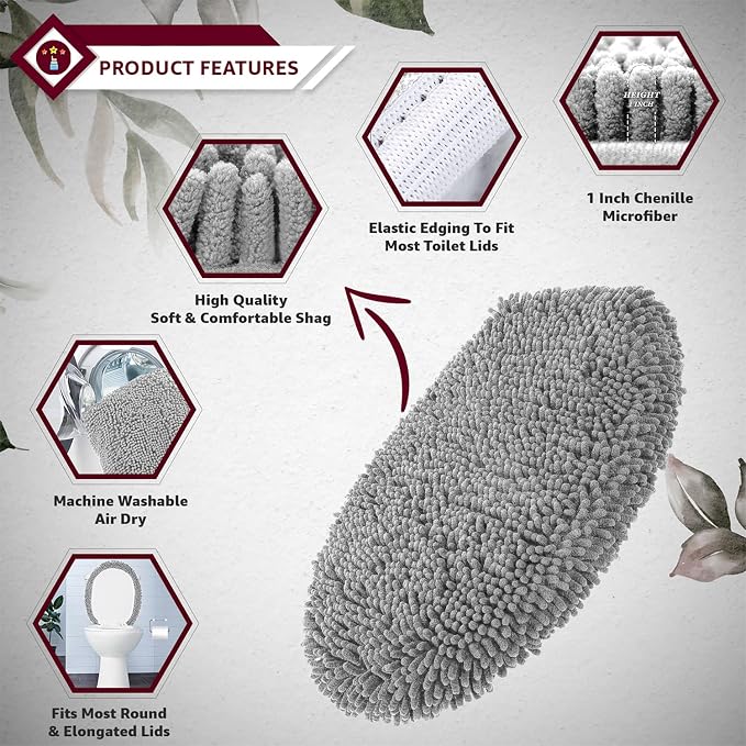 LuxUrux Toilet Lid Cover with Stretch Fit Elastic Band – Chenille Microfiber Toilet Seat Non-Slip Cover for Bathroom – Soft Plush, Machine Wash And Dry, Comfort & Clean Look (18 x 21'', Light Gray)