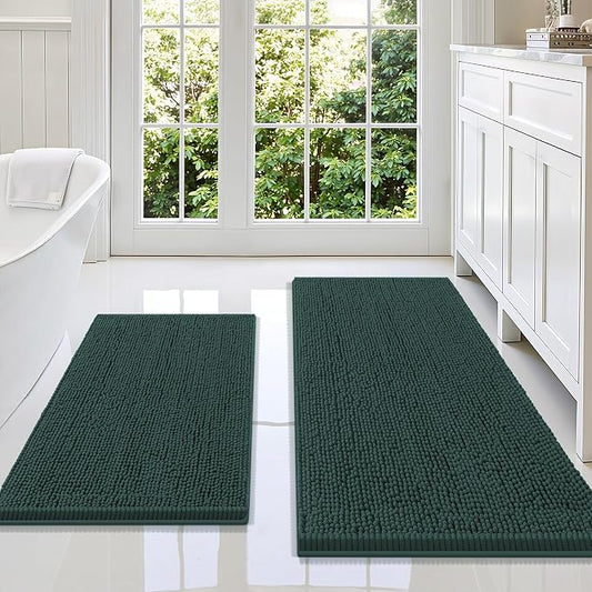 Smiry Chenille Bathroom Rugs Sets 2 Piece (47x20+30x20, Green) | Soft Absorbent Machine Washable Non Slip Shaggy Bath Rug Set for Tub, Shower, and Floor, Home Decor