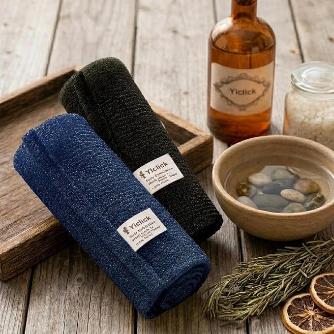 Exfoliating Body Scrubber, Back Scrubber for Shower Bath, Japanese Scrub Wash Cloth, Exfoliating Washcloth Towel for Men Women, Body Exfoliator Loofah Luffa Sponge (Molan+Black)