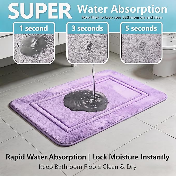 3 Piece Bath Rug Set Memory Foam Non-Slip, Bordered Toilet Rug, Lavender | Spa & Relaxing Decor — Soft Lavender bath mats, absorbent and washable, with a U-shaped toilet mat.