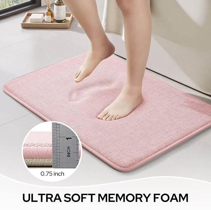 HOMEIDEAS Memory Foam Bathroom Rugs Set of 2, Pink 24"x17"+32"x20" | Ultra Absorbent Quick Dry Bath Mats with Non Slip PVC Backing, Machine Washable, Ideal for Bath Floor, Shower and Tub