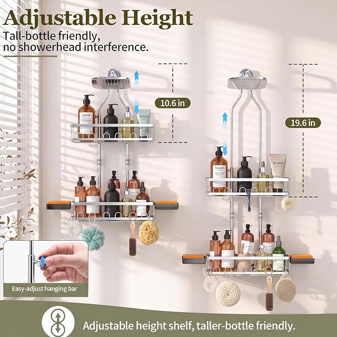 Skyapex Shower Caddy Hanging: Adjustable Height, Rustproof Shelves with Hooks, 2 Soap Holders - Silver Shower Organizer Over Showerhead
