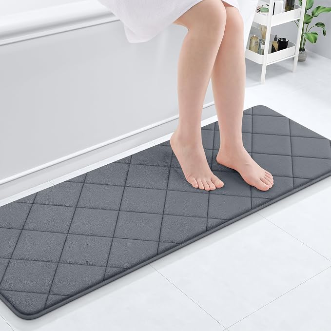 OLANLY Memory Foam Bath Mat 47x17, Ultra Soft and Absorbent Bathroom Rugs | Dark Grey, Quick Dry, Machine Washable Shower Bath Rugs, Comfortable Bath Carpet for Bathroom Floor, Tub and Shower
