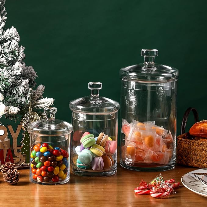 MyGift Glass Storage Jars with Lids, Kitchen & Bath Storage, Set of 3 | Add timeless charm to kitchens, bathrooms, weddings, and candy buffets with clear glass apothecary jars and matching lids