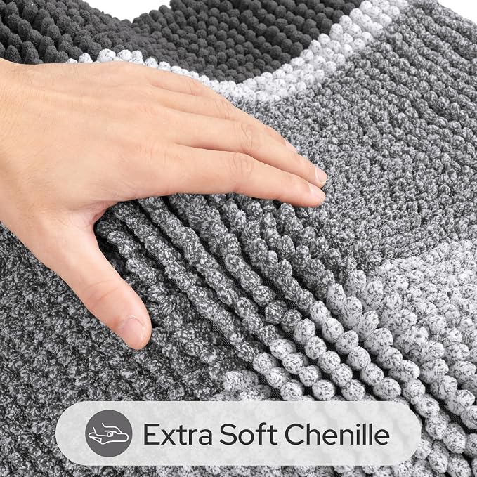 HOMEIDEAS Grey Bathroom Rugs Set of 2, Striped Chenille, 20"x32"+17"x24" | Non Slip Absorbent Bath Mats, Fluffy Striped Chenille Soft Shaggy Bath Rugs for Bathroom Floor and Tub, Machine Washable