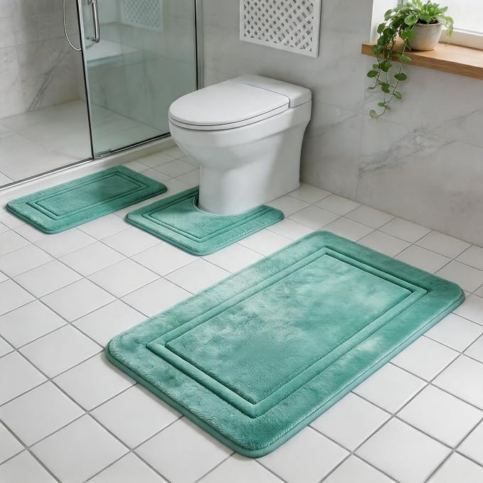 Bathroom Rugs Set 3 Piece Memory Foam, Bordered Toilet Rug, Non-Slip Teal | Coastal & Boho Decor — Rich Teal bath mats, absorbent and washable, with a U-shaped toilet mat.