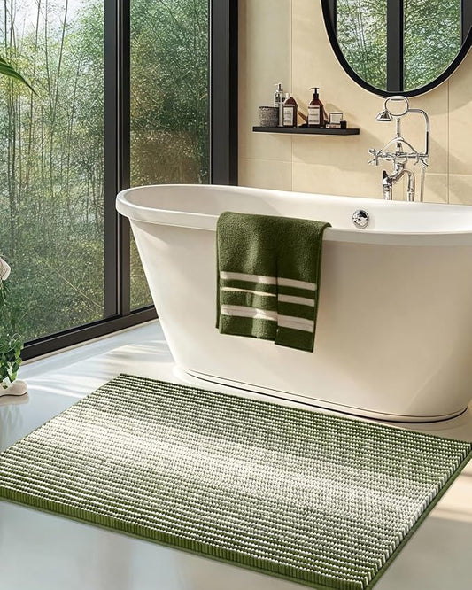 Large Chenille Bathroom Rugs, 24x43 Striped Bath Mats, Sage | Non Slip Backing, Extra Soft Absorbent, Quick Dry Machine Washable, Shower Rug for Bathroom Floor, Tub, Bedroom Decor
