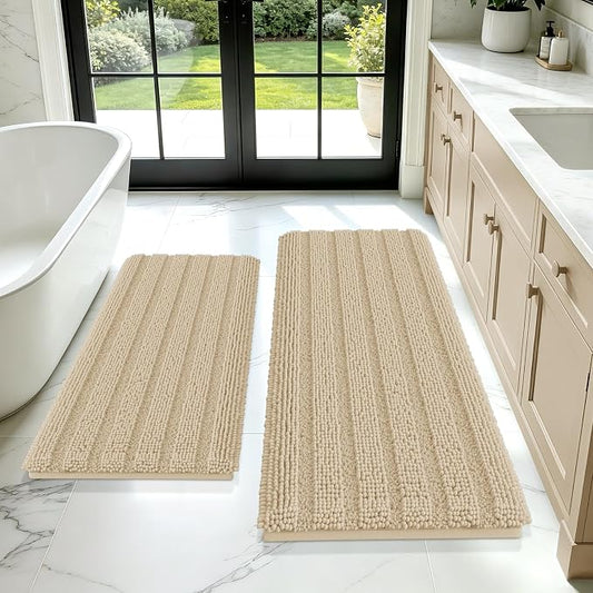 ACCUMTEK Striped Beige Bathroom Rug Mat Set 2 piece 24"x17"+48"x20" Ultra Soft, Non Slip Chenille Bath Rugs, Absorbent Plush Shaggy Bath Mats for Bathroom, Bedroom, Kitchen, Shower, Tub