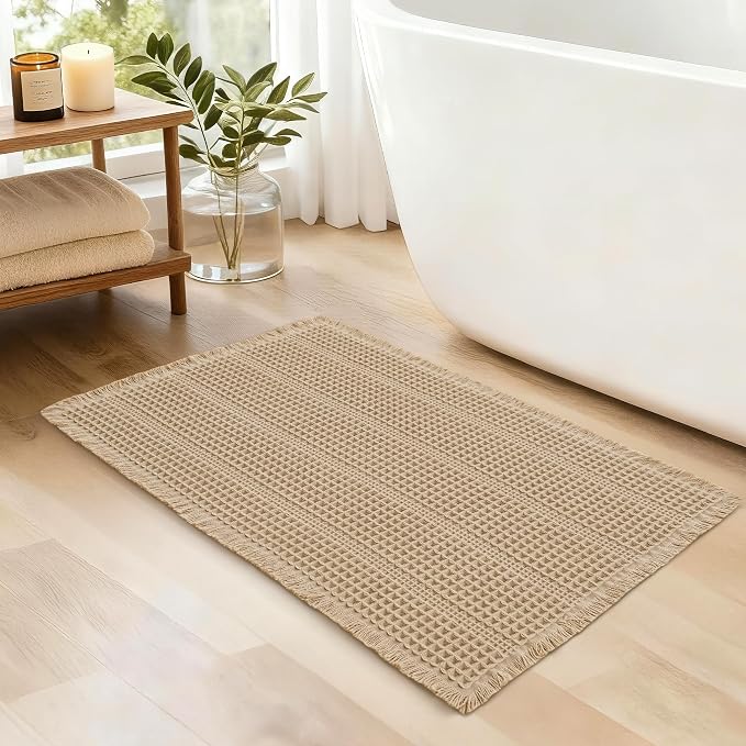 JIUZHEN Waffle Bath Mat Super Absorbent Non Slip Bath Mats for Bathroom Floor Waffle Knit Bathroom Mat with Tassels Machine Washable Bathroom Rugs for Beside Tub, 16" x 24", Strip-Brown