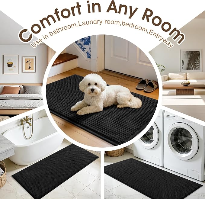 ACCUMTEK Memory Foam Bath Mat Set 3 Piece, Ultra Soft Absorbent Waffle Bathroom Rugs, Super Non-Slip PVC Backing Bath Rug Quick Dry, Machine Washable Rug for Tub, Shower, Home Decor Accessory, Black