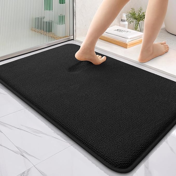 OLANLY Thick Memory Foam Bathroom Rugs 36x24, Absorbent Bath Mat, Black | Soft Quick Dry Bath Rugs, Non-Slip, Machine Washable Carpet for Bathroom Floor, Tub and Shower, Home Decor Accessories