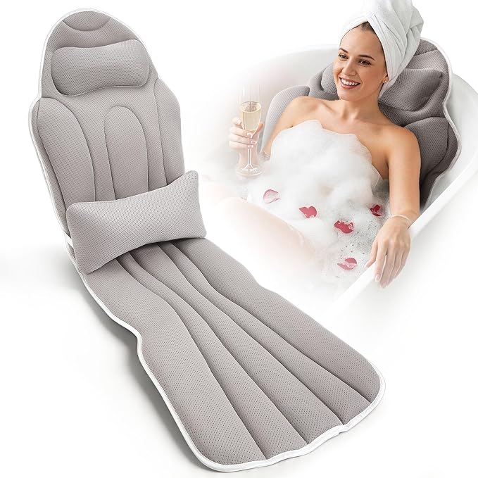 Full Body Bath Pillow for Bathtub, Thick 5D Air Mesh Luxury Spa Tub Cushion with Adjustable Lumbar Support, Extra Long Bathtub Pillow for Head and Neck Back, 192 Non-Slip Suction Cups, Gray, 56" x 19"