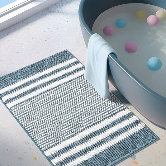 Large Bathroom Rugs, 24x36 Chenille Bath Mats, Denim Blue | Extra Soft Absorbent, Non Slip Striped, Quick Dry Machine Washable, Modern, Shower Rug for Bathroom Bedroom Decor