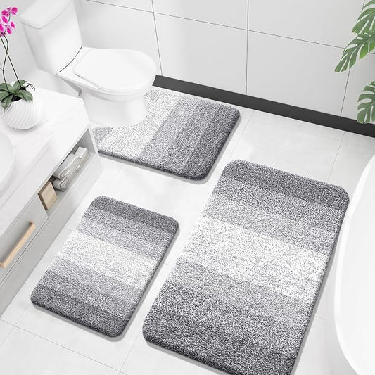 OLANLY Microfiber Bathroom Rugs Sets 3 Piece, 36"x24"+24"x16"+24"x20" | Light Grey, Soft Absorbent Bath Mats and U-Shaped Contour Toilet Rug, Plush Shaggy Bath Mat Set for Bathroom