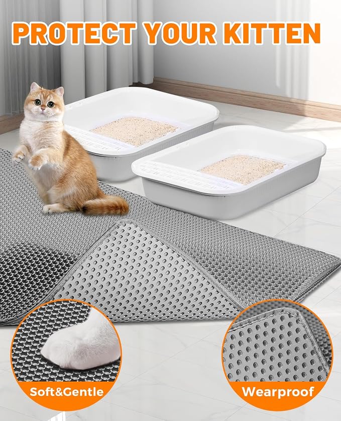 Cat Litter Mat - Extra Large Cat Litter Mat Litter Trapping Mat 46"x26"-Honeycomb Double Layer Design,Urine and Water Proof Material,No Slip& No Phthalate,Washable Easy Clean（Grey）