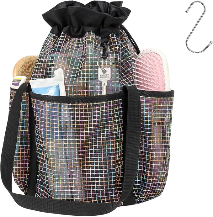 F-color Mesh Shower Caddy Portable with Drawstring - Tall 5 Pockets Dorm Room Essentials for Guys Girls with S Hook, Shower Bag Basket Tote for College Camping Travel Toiletry Bathroom, Black Grid