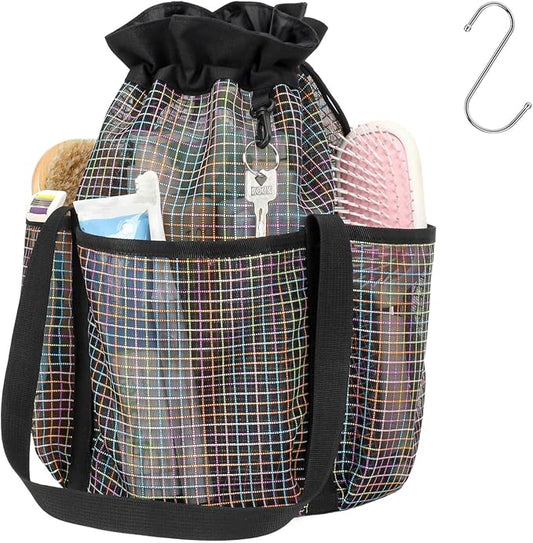F-color Mesh Shower Caddy Portable with Drawstring - Tall 5 Pockets Dorm Room Essentials for Guys Girls with S Hook, Shower Bag Basket Tote for College Camping Travel Toiletry Bathroom, Black Grid