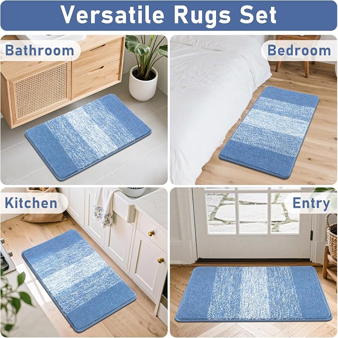 Bsmathom Bathroom Rug Set 4 Piece, Plush Microfiber Bath Mat, Blue | Extra Water Absorbent, Non Slip Washable Runner Bath Rugs with Toilet Lid Cover and U-shaped Contour Toilet Mat