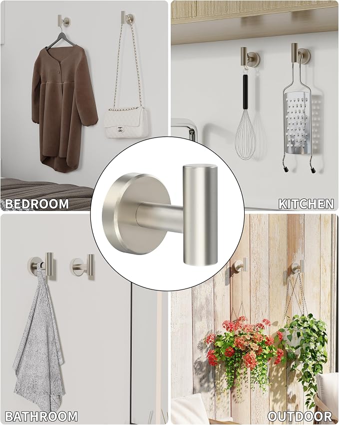 RARXTR Brushed Nickel Towel Hook, Coat Robe Clothes Hook for Kitchen Garage Wall Mounted 4 Pack, 304 Stainless Steel, Heavy Duty Door Hanger, Cabinet Closet Wall Hook for Hotel Pool (Brushed Nickel)
