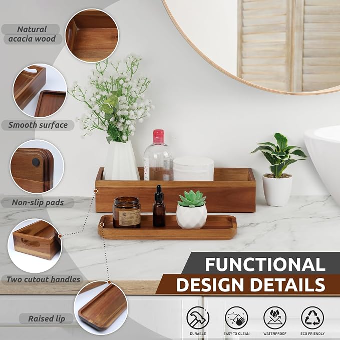 DEMIGO Toilet Tank Topper & Vanity Tray, Natural Acacia Wood Decor Set | 2-Pack Storage Tray, Handmade Wooden Tank Basket Cover for Bathroom, Kitchen, Home & Spa, Smooth Durable Artisan