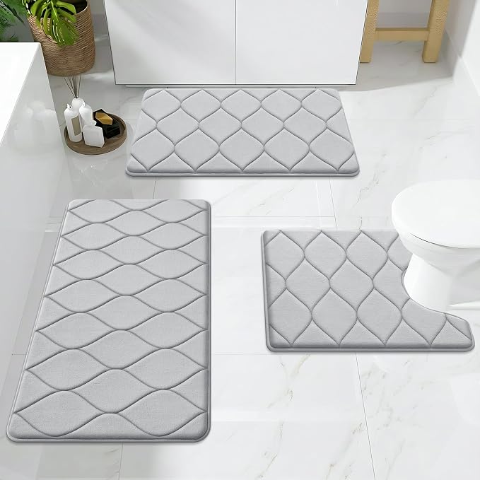 Smiry Memory Foam Bath Mat 30x20, Ultra Soft Absorbent Bathroom Rugs | Light Grey, Plush Quick Dry and Machine Washable Cushion Bath Mats for Bathroom, Shower, Tub & Home Decor