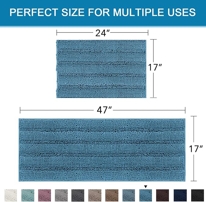 H.VERSAILTEX 2 Piece Bathroom Set - Super Absorbent Chenille Striped Bath Mats - Non Skid, Machine Washable - Turquoise Blue, 47 x 17 Plus 17 x 24 Inches