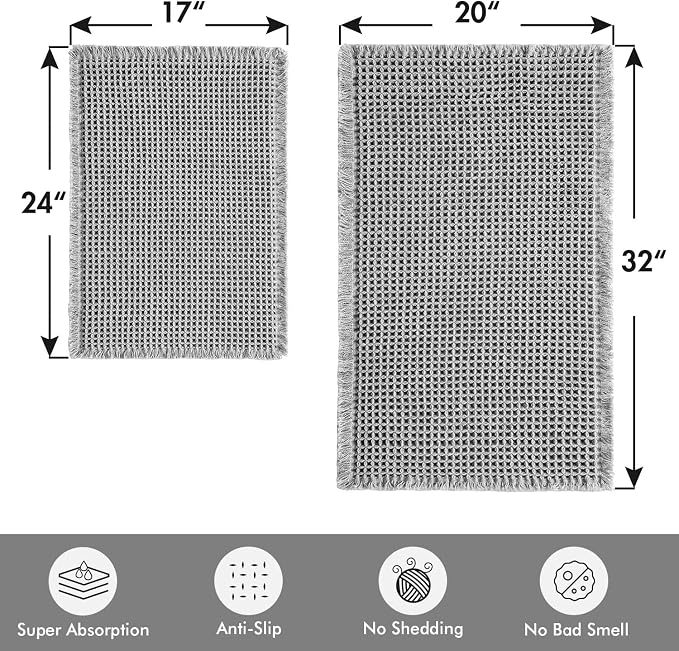 MIULEE Set of 2 Waffle Bathroom Rugs Light Grey Bath Mat 17"x24"+20"x32" | Non Slip, Super Absorbent, Washable, Ultra Soft, Rubber Backed Bath Rugs for Bathroom Floor Tub Shower