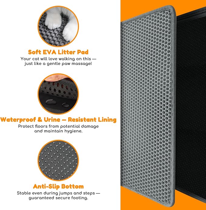 Cat Litter Mat 31"x24",Double Layer EVA Litterbox Mat Dark Gray | Extra Large Honeycomb, Waterproof & non-slip, Odor-free, easy clean, washable durable floor protector,scatter control