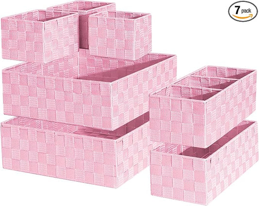 Drawer Organizer, Cube Baskets for Storage Shelves, Handmade Small Woven Basket, Shallow Storage Bins for Organizing Desk, Dresser, Kitchen, Pantry, Nested 7 Pack, Pink