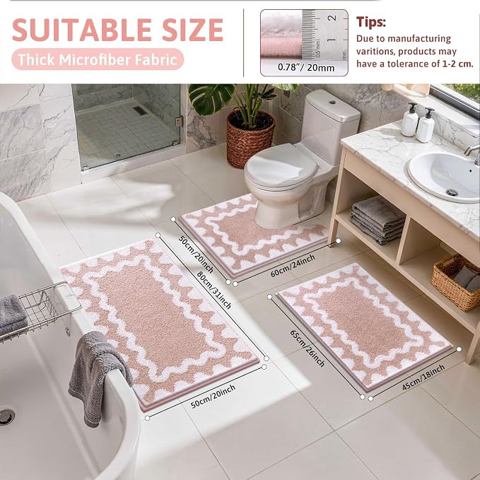 Findosom Bathroom Rugs Sets 3 Piece, Absorbent Soft Non-Slip Bath Rug Set | Washable Microfiber Shaggy Scalloped Bath Mat Set with Door Mat, U-Shaped Toilet Rugs, Shower Rug, Pink