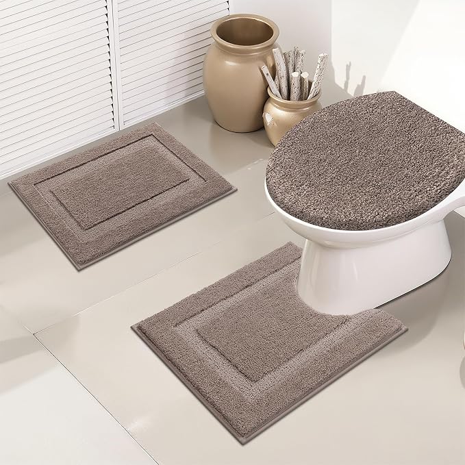 SHACOS Microfiber Bathroom Rugs Set of 3 with Toilet Lid Cover Non Slip | Washable Bath Mat Absorbent Bathroom Carpet 16"x24"+U Shape Toilet Rug 20"x24"+Toilet Lid Cover 19"x21", Coffee