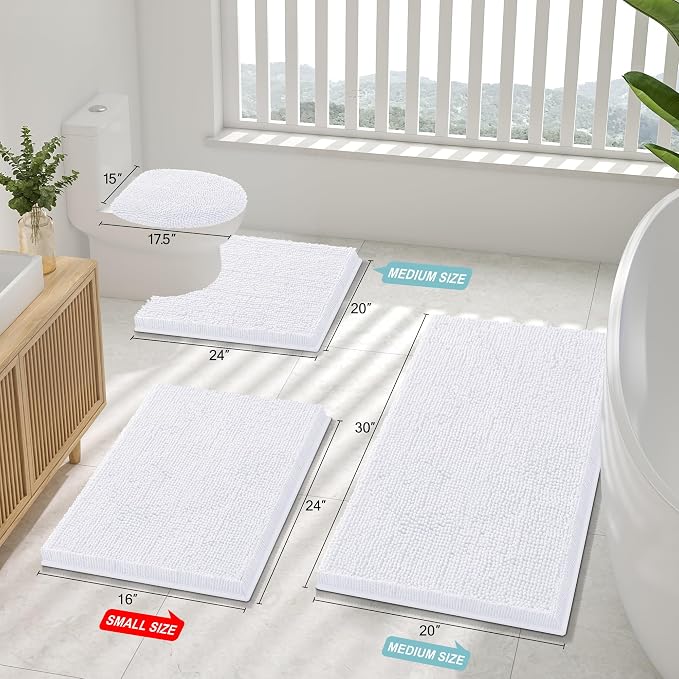 Smiry Chenille Bathroom Rugs Sets 2 Piece (34x21+24x16, White) | Soft Absorbent Machine Washable Non Slip Shaggy Bath Rug Set for Tub, Shower, and Floor, Home Decor