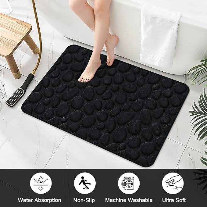 Stone Bath Mats, Non-Slip Memory Foam Bathroom Rug, 24x36 Black | TPR Rubber Backing,Ultra Soft,Highly Absorbent,Machine Washable,Quick Dry for Tub and Shower, Home Decor Accessories