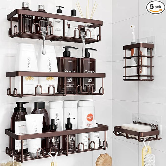 YASONIC Shower Caddy Adhesive, 100% Rustproof Shower Organizer with Soap and Toothbrush Holder, Large Capacity Shower Shelves for Inside Shower, No Drill Shower Storage for Home (5 Pack Bronze)