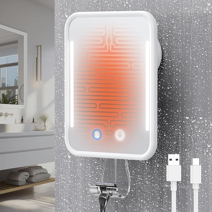 Gospire Heated Shower Mirror Fogless for Shaving with Light - White | 5000mAh Rechargeable Battery, Detachable Suction Cup & Razor Holder for Wall, NO-Drilling, Removable, Waterproof for Bathroom